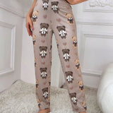 Pantalones De Pijama Impresos Con Patron De Oso Y Corazon Para Mujeres