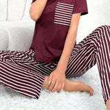 Conjunto De Pijama De Dos Piezas De Manga Corta Y Pantalon Con Estampado De Rayas En Bloque De Color
