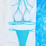 Conjunto De Ropa De Bano De Bikini Compuesto Por 1 Top De Triangulo Acanalado Y 1 Parte Inferior De Bikini Azul Con Tirantes, 2 Piezas En Total
