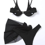 Negro / M 3 piezas vestido de baño bikini con aro con falda de playa