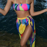 Multicolor3 / S 3 piezas vestido de baño bikini con estampado con falda playera