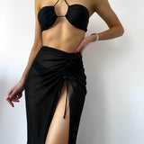 Negro / S 3 piezas vestido de baño bikini cortado alto con falda playera
