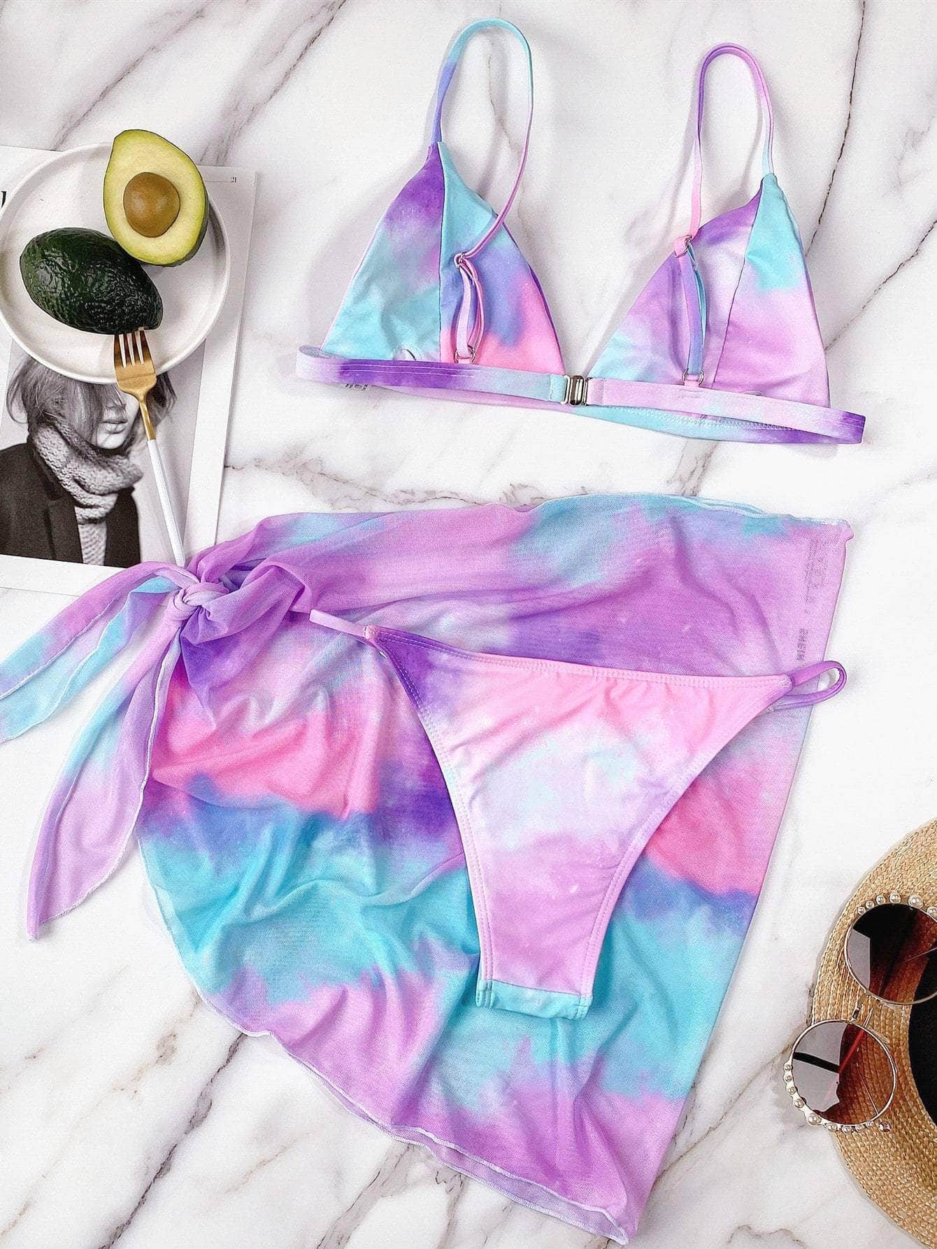Multicolor / M 3 piezas vestido de baño bikini de tie dye con pareo
