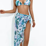 3 piezas vestido de baño bikini fruncido tropical con falda de playa