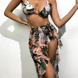 Multicolor / S 3 piezas vestido de baño bikini fruncido tropical con falda de playa