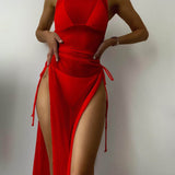 Rojo / L 3 piezas vestido de baño bikini halter triángulo con malla