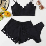Negro / XS 3 piezas vestido de baño bikini ribete en abanico