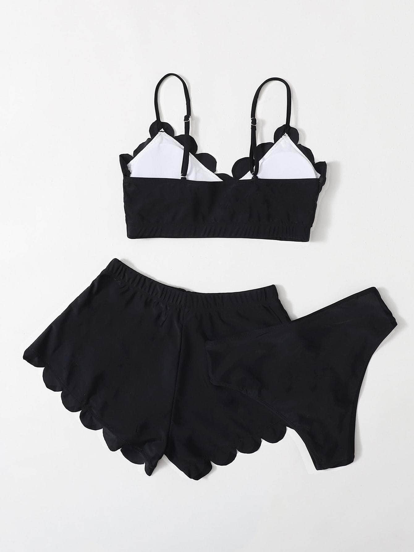 Negro / S 3 piezas vestido de baño bikini ribete en abanico