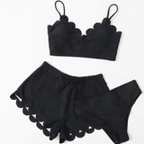 Negro / M 3 piezas vestido de baño bikini ribete en abanico