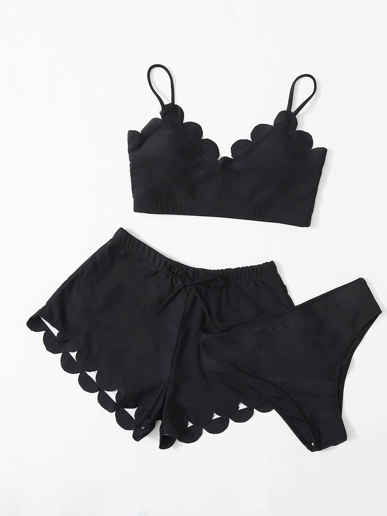 Negro / M 3 piezas vestido de baño bikini ribete en abanico