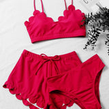 Rojo / S 3 piezas vestido de baño bikini ribete en abanico