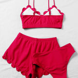 Rojo / M 3 piezas vestido de baño bikini ribete en abanico