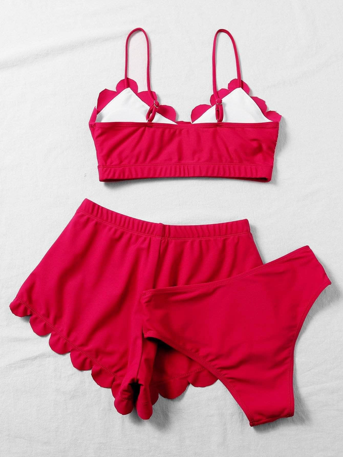 Rojo / M 3 piezas vestido de baño bikini ribete en abanico
