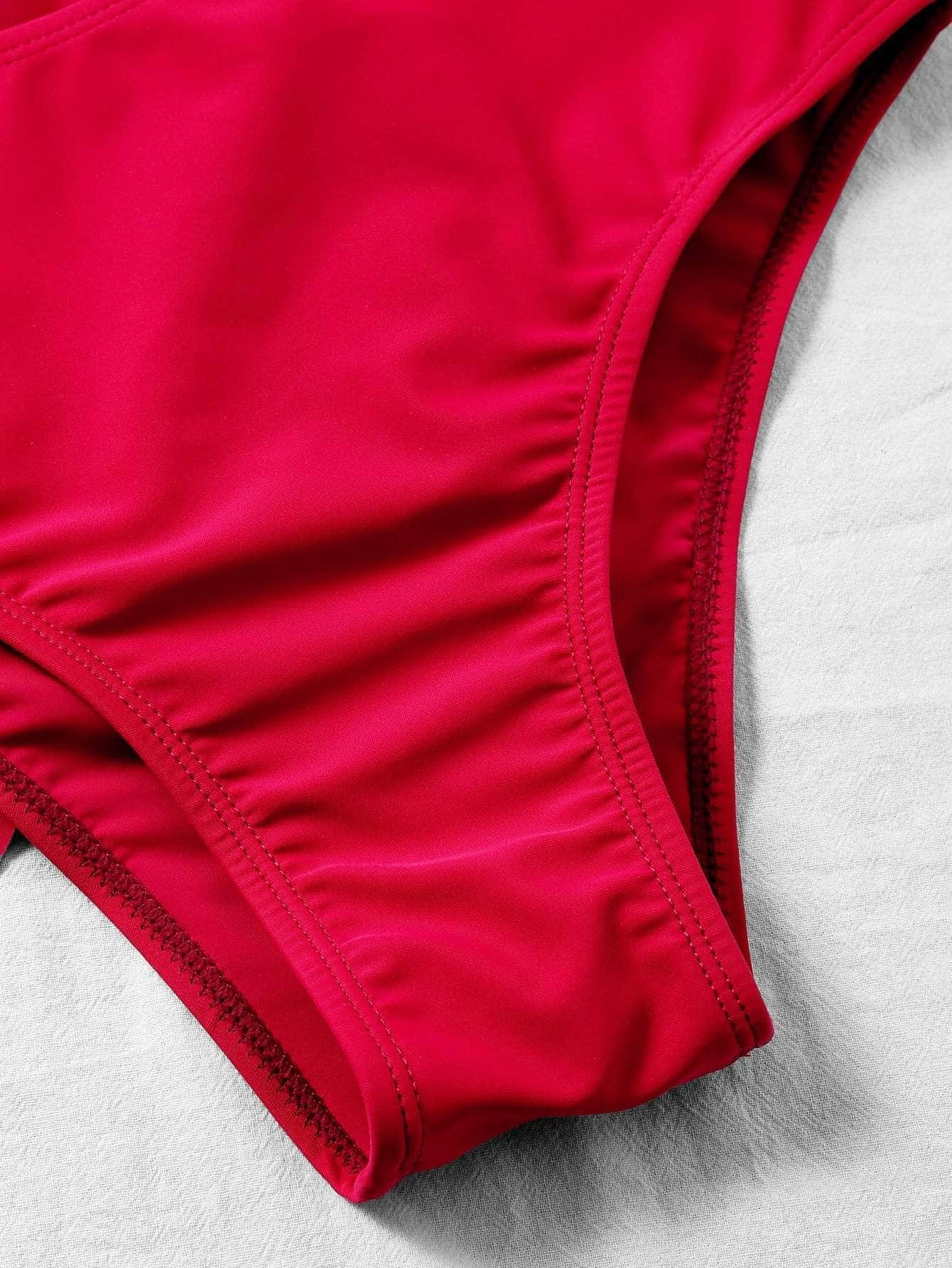 Rojo / L 3 piezas vestido de baño bikini ribete en abanico