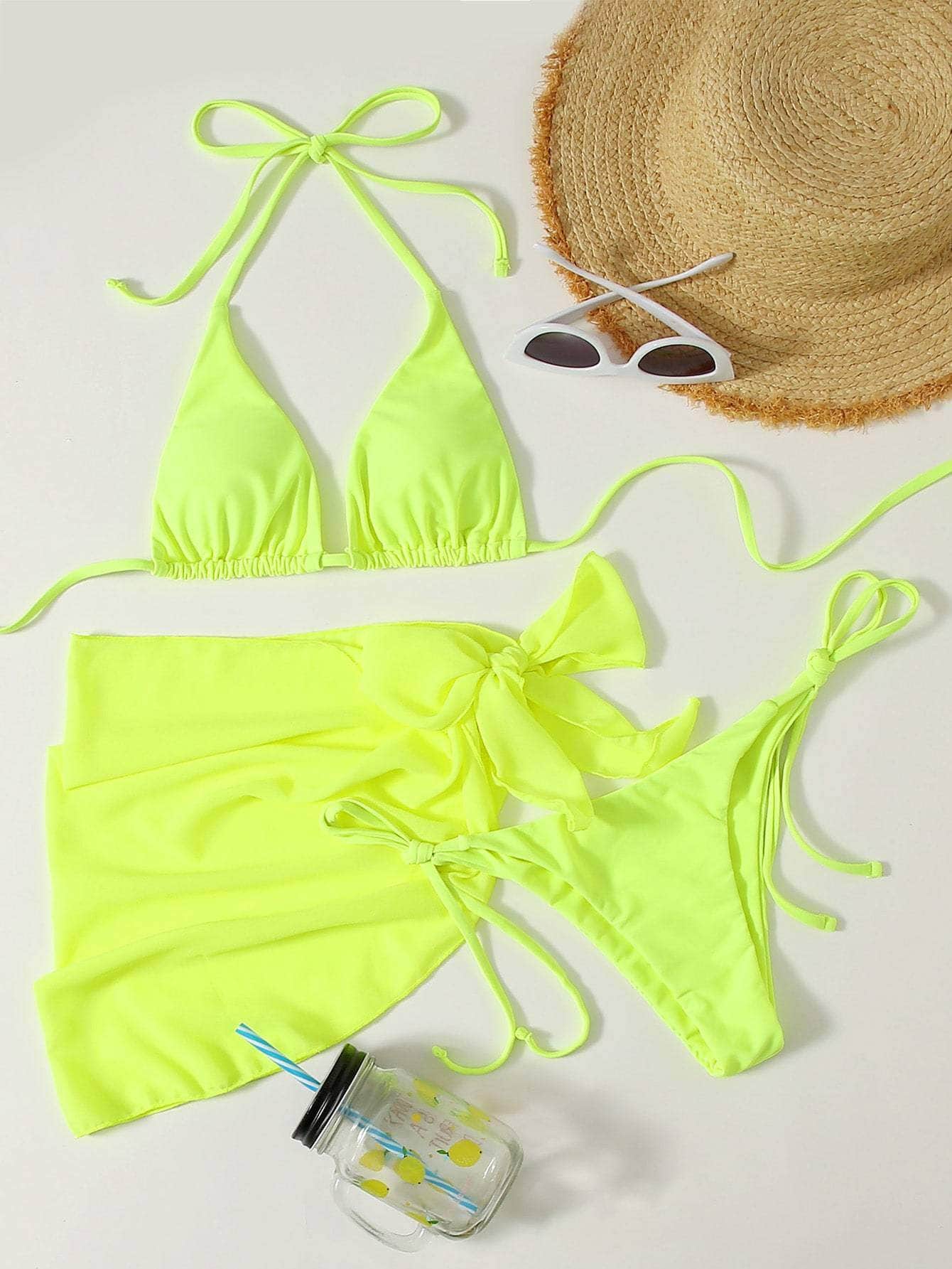Neón/Fluorescente / L 3 piezas vestido de baño bikini triángulo neón con falda de playa