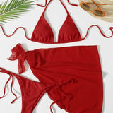 Rojo / L 3 piezas vestido de baño bikini triángulo neón con falda de playa