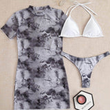 Blanco y Negro / S 3 piezas vestido de baño bikini triángulo pareo con malla