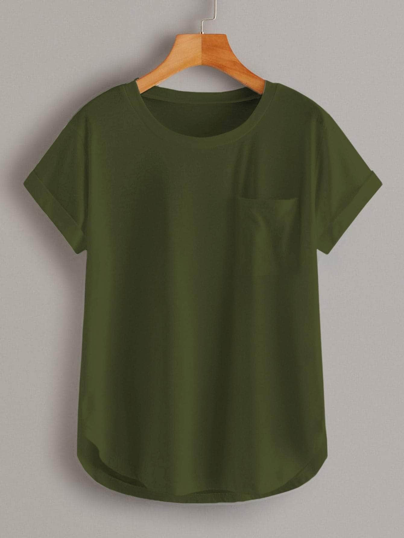 Verde militar / S Camiseta bajo curvo con diseño de bolsillo
