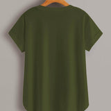 Verde militar / M Camiseta bajo curvo con diseño de bolsillo