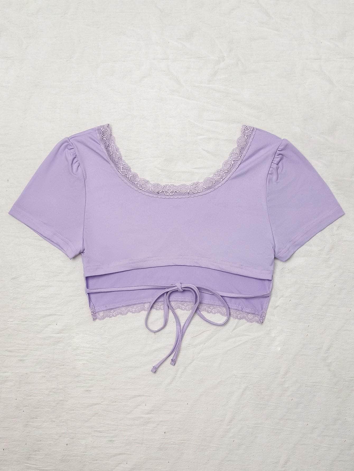 Lila Purpura / S Camiseta corta ribete con encaje