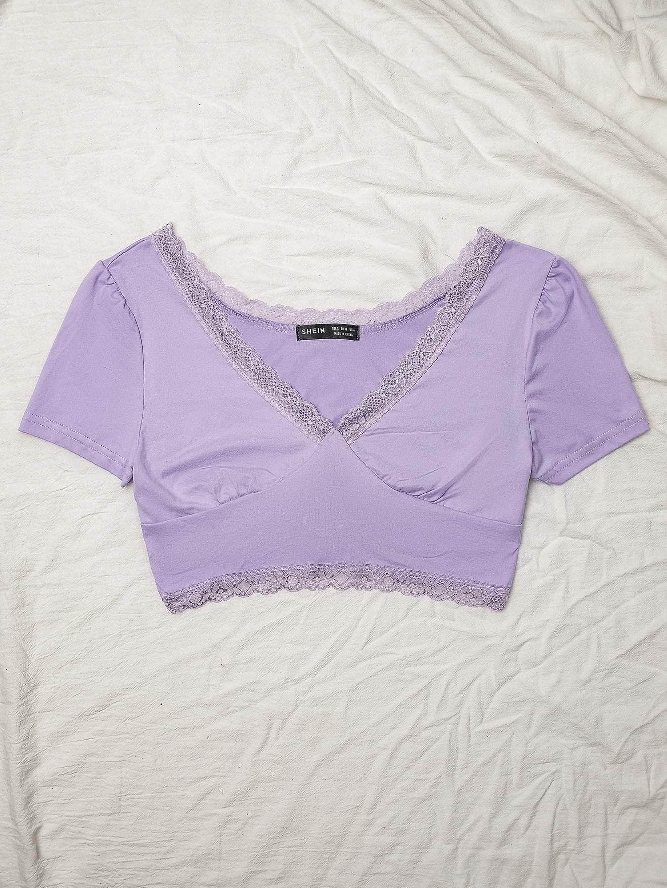 Lila Purpura / L Camiseta corta ribete con encaje