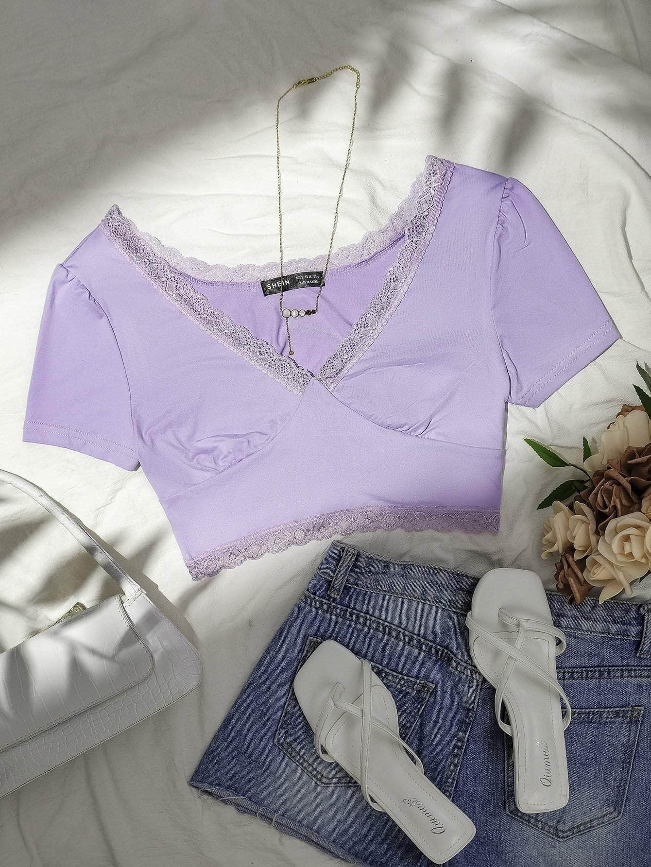 Lila Purpura / XS Camiseta corta ribete con encaje