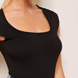 Negro / XL Camiseta delgada unicolor de cuello cuadrado