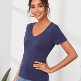 Azul Marino / L Camiseta unicolor escote V