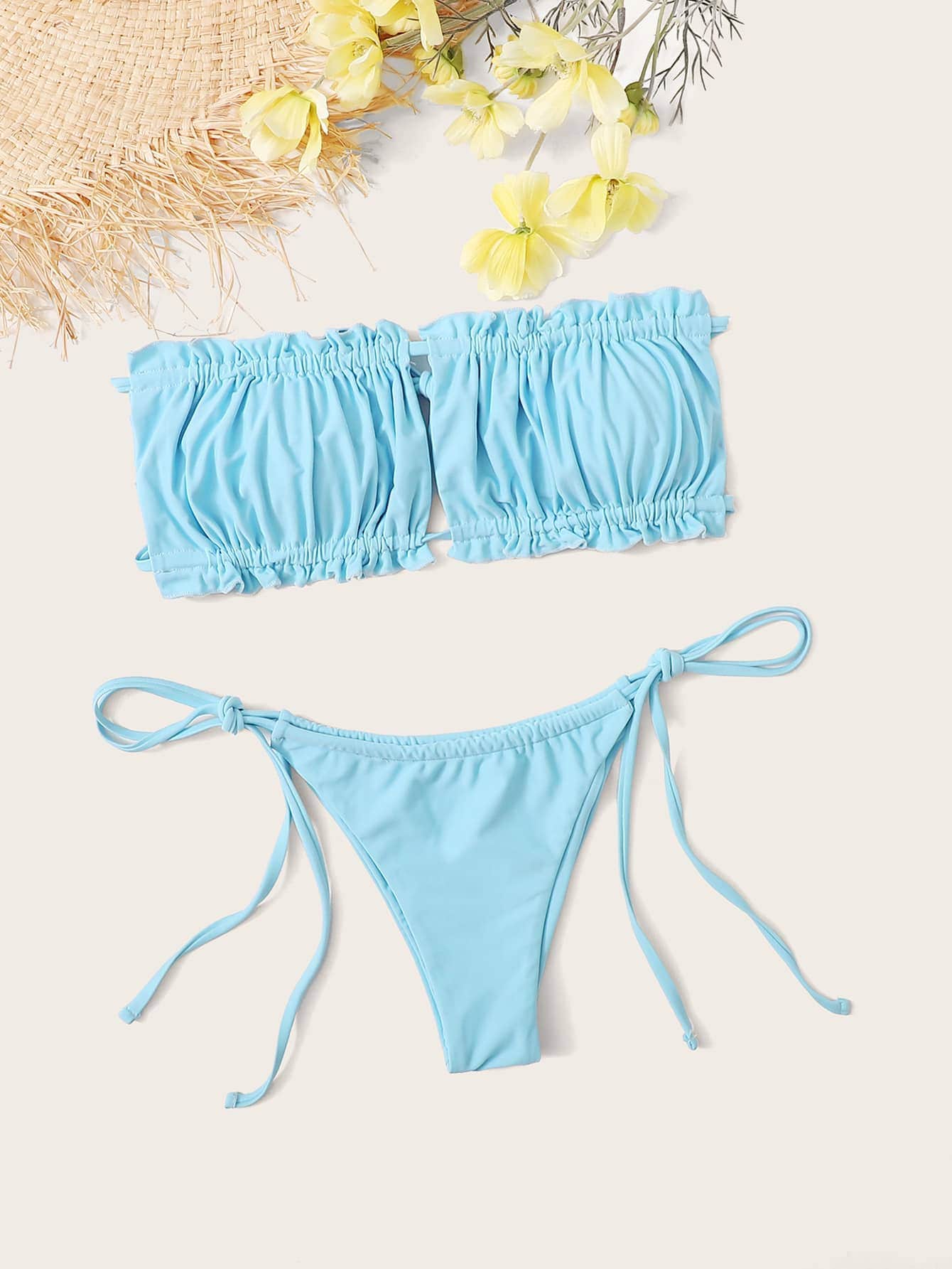 Azul bebe / XL Conjunto de bikini con cordón lateral brasier sin tirantes fruncido