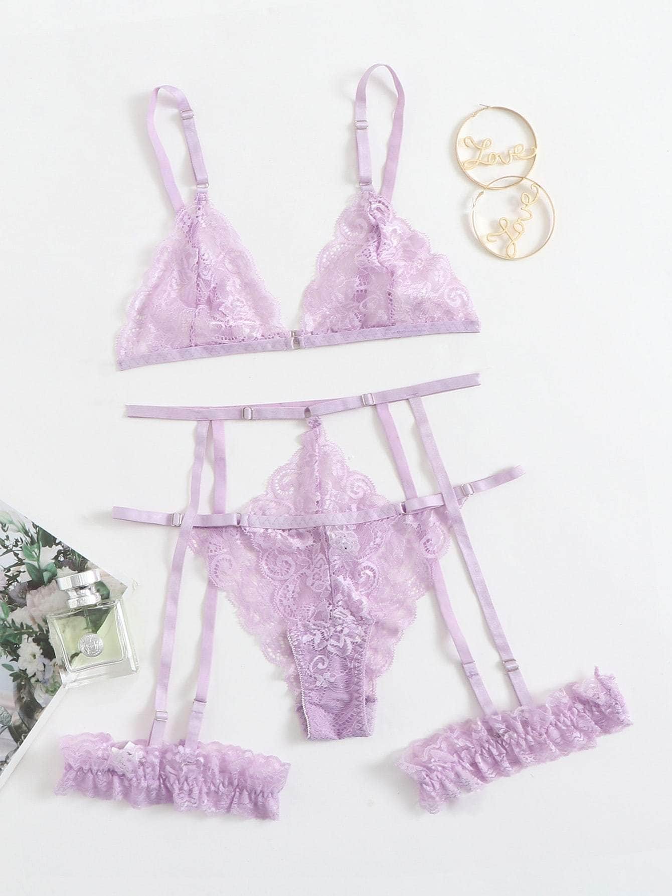 Lila Púrpura / S Conjunto de lencería con liga con encaje floral ribete en abanico