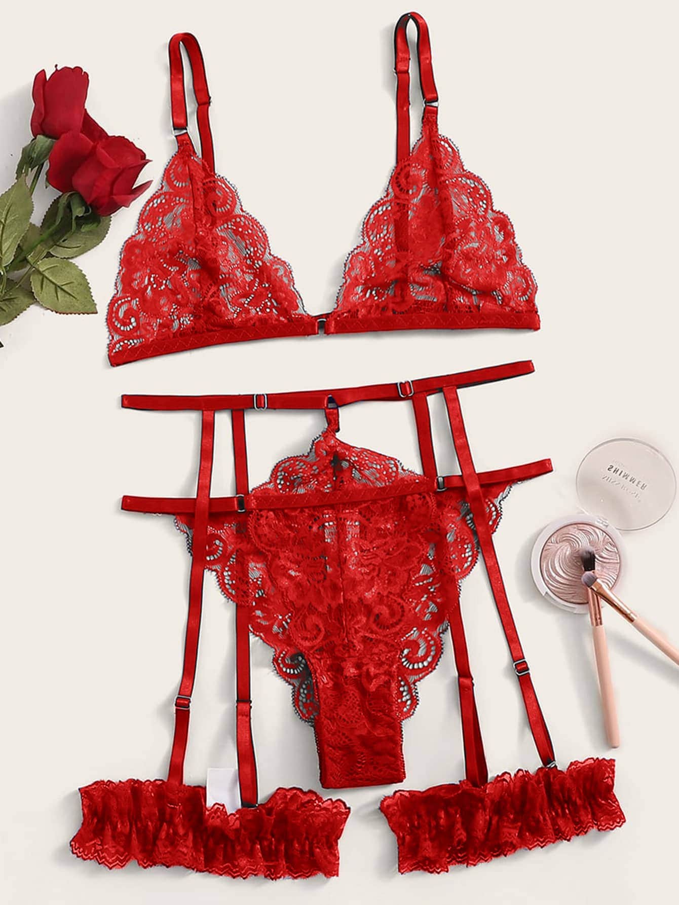 Rojo / S Conjunto de lencería con liga con encaje floral ribete en abanico