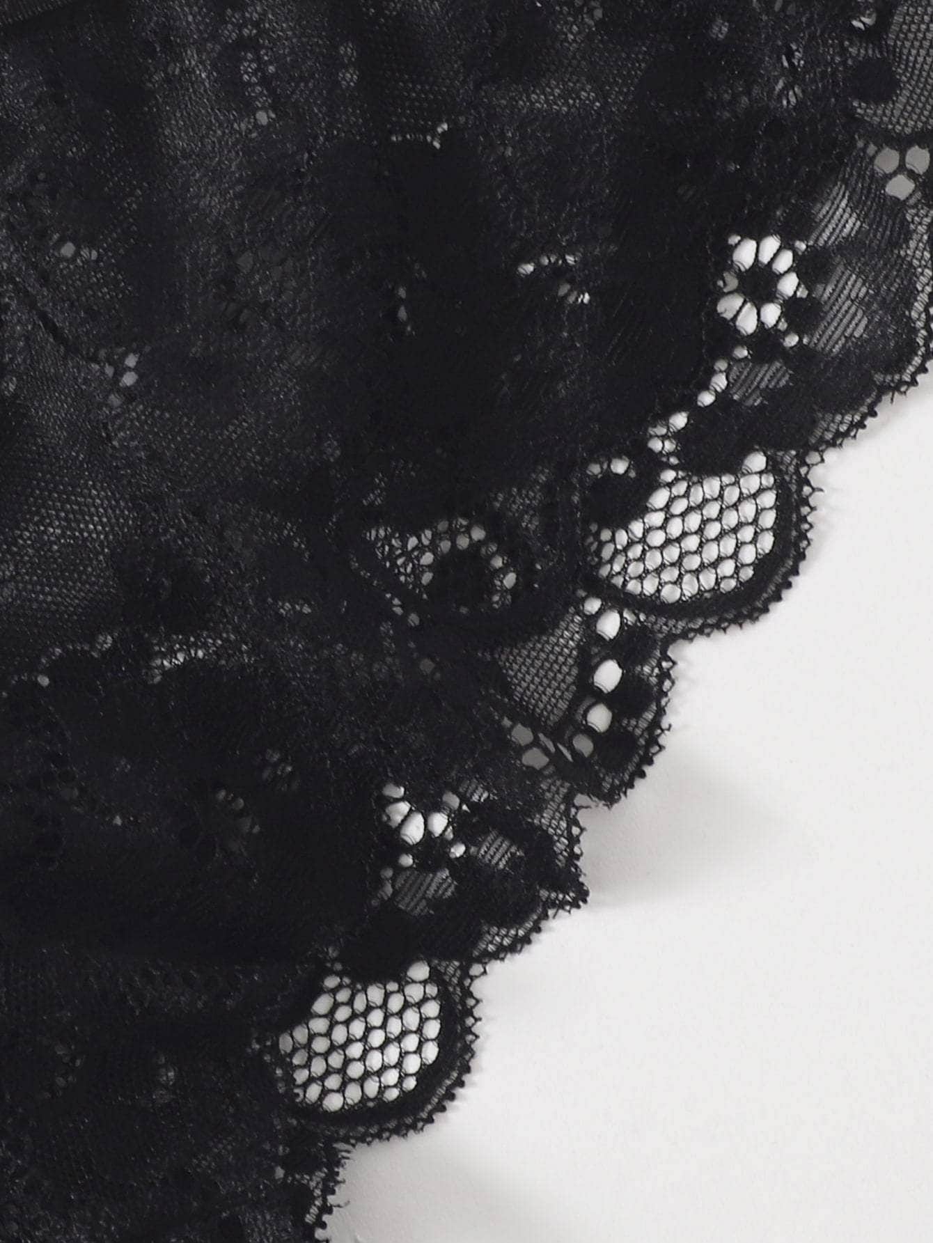 Negro / L Conjunto de lencería en abanico con encaje floral