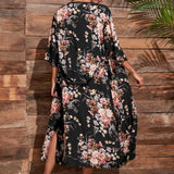 Kimono con cinturón bajo con abertura con estampado floral