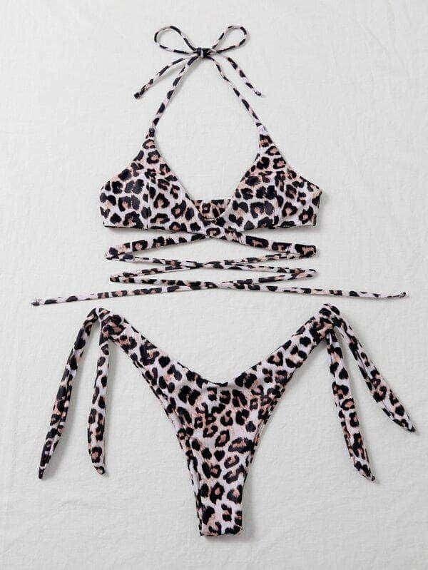 Vestido de baño bikini con cordón lateral halter cruzado de leopardo