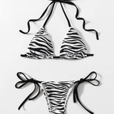 Blanco y Negro / S Vestido de baño bikini con cordón lateral triángulo halter de rayas