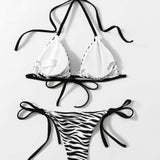 Vestido de baño bikini con cordón lateral triángulo halter de rayas