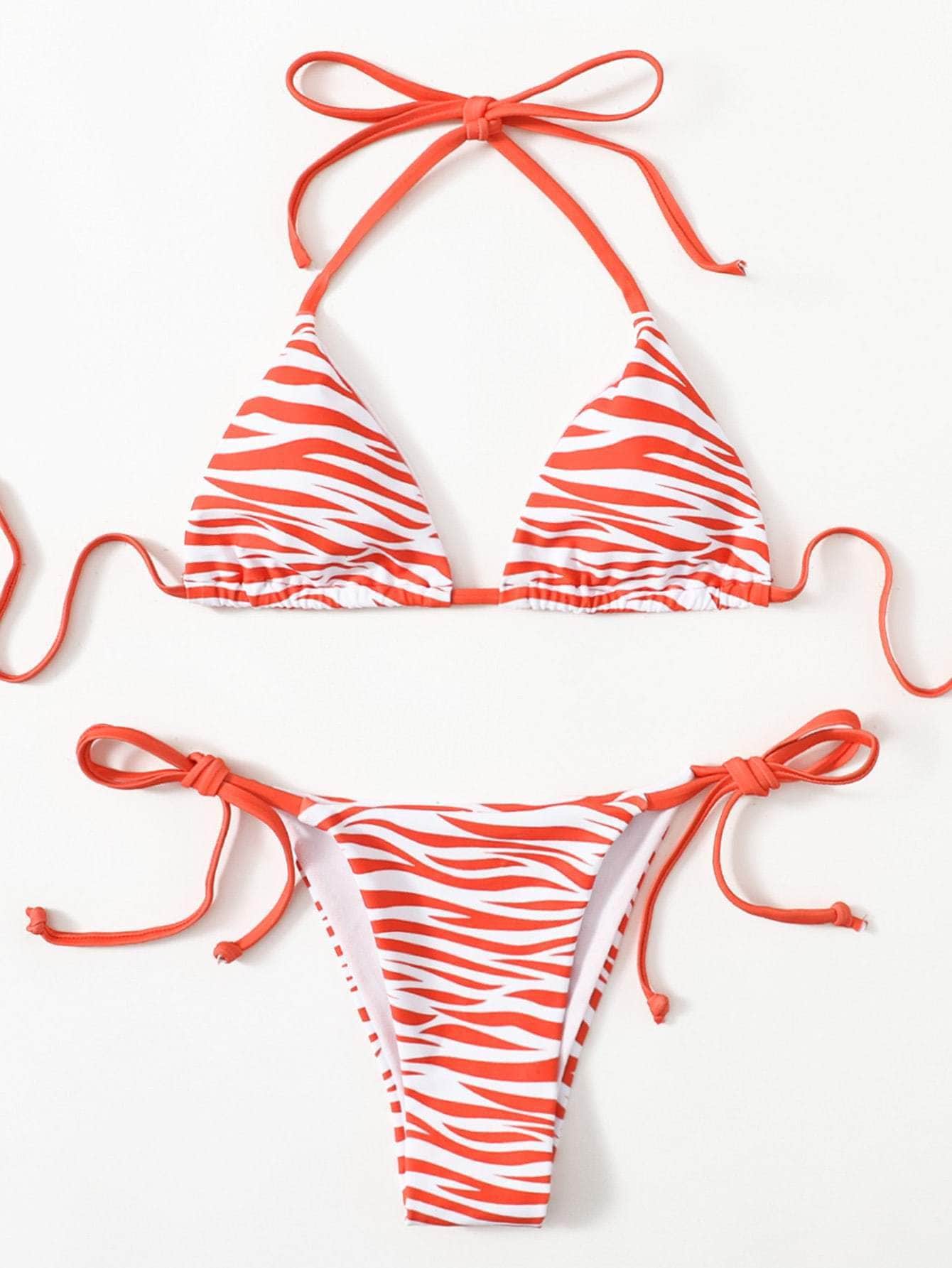 Vestido de baño bikini con cordón lateral triángulo halter de rayas