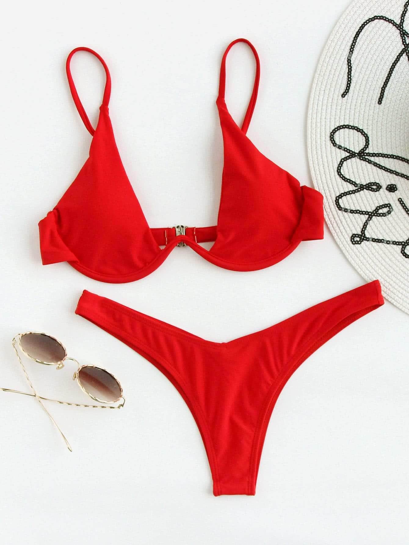 Rojo / S Vestido de baño bikini de pierna alta con aro