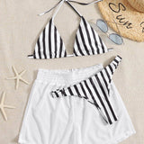 Blanco y Negro / XS Vestido de baño bikini triángulo de rayas con shorts con malla