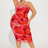 Vestido midi de malla abstracta Amara - rojo / combinación