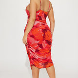 Vestido midi de malla abstracta Amara - rojo / combinación
