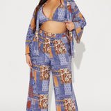 Conjunto de pantalones plisados Kelli de 3 piezas - Azul marino/estampado combinado