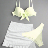 Conjunto de bikini sexy para playa de verano en unicolor para mujeres con nudo al frente, con cubierta de encaje para falda