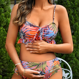 Maternidad vestido de baño bikini con estampado tropical con cordón delantero con falda de playa