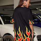 Vestido estilo camiseta de hombros caidos con estampado de fuego