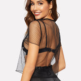 BAE Top de malla geometrica con perla sin sujetador