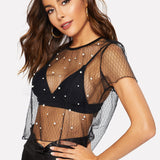 BAE Top de malla geometrica con perla sin sujetador