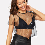 BAE Top de malla geometrica con perla sin sujetador