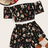 VCAY Top de hombros descubiertos con estampado floral con shorts