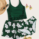 Swim Conjunto de tankini floral con dobladillo con volantes y cordones, parte superior de cami, parte inferior de cintura alta y pantalones cortos, traje de bano de 3 piezas